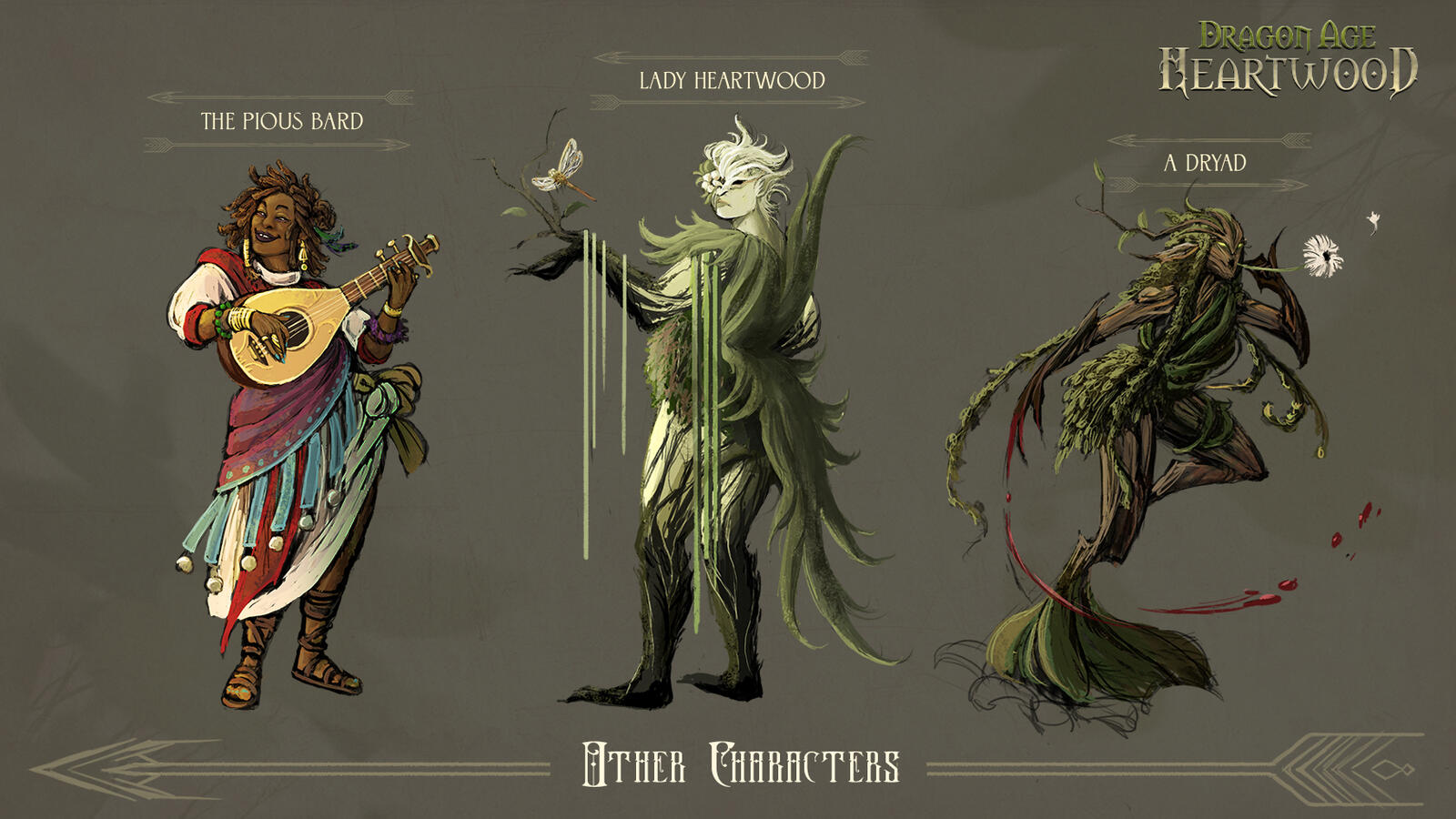 Line-up of 2 secondary characters and a dryad